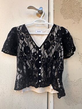 Pomelo Black Lace Pearl-Button V-Neck Blouse